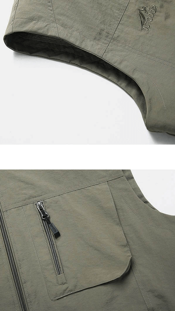 Close-up of green casual stand collar zipper travel vest with solid pattern and pocket detail, perfect for men's casual style.